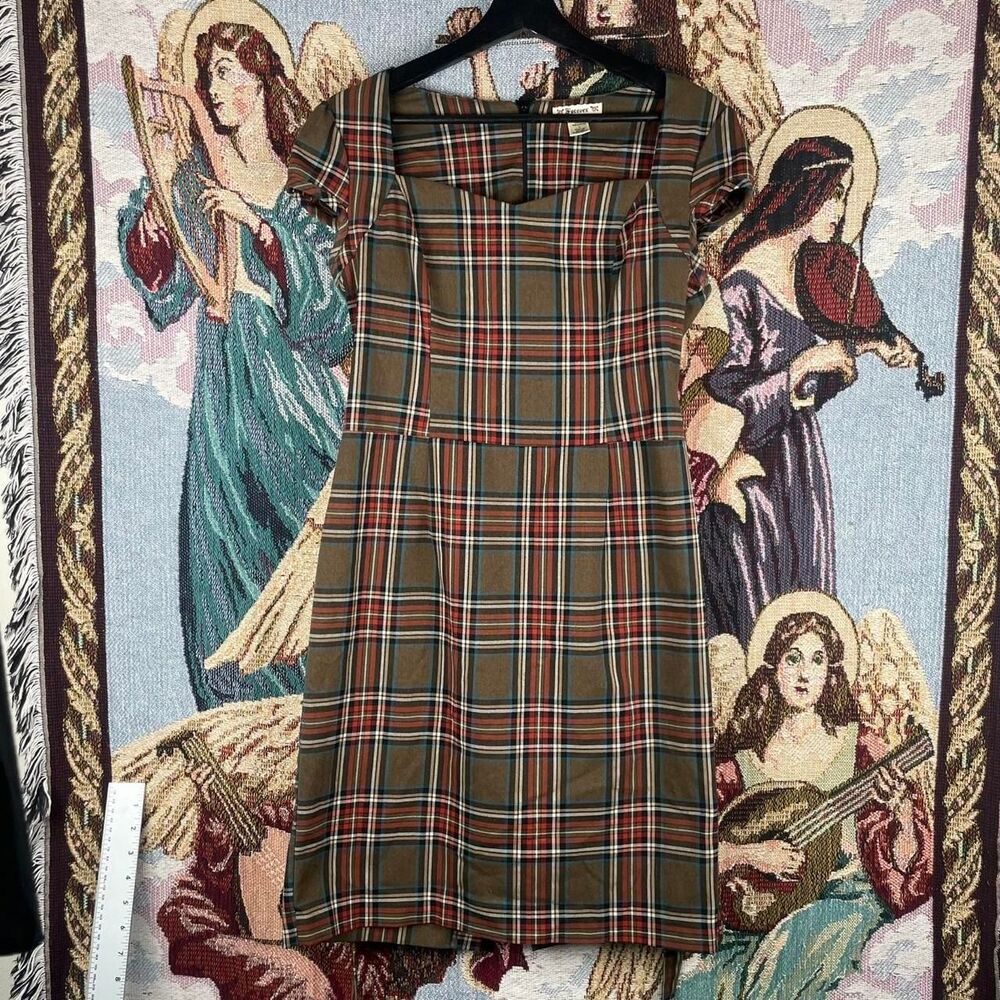 Y2K Forever Women’s Plaid Brown A line Dress Sz Large Zip Mid Length Cap Sleeves